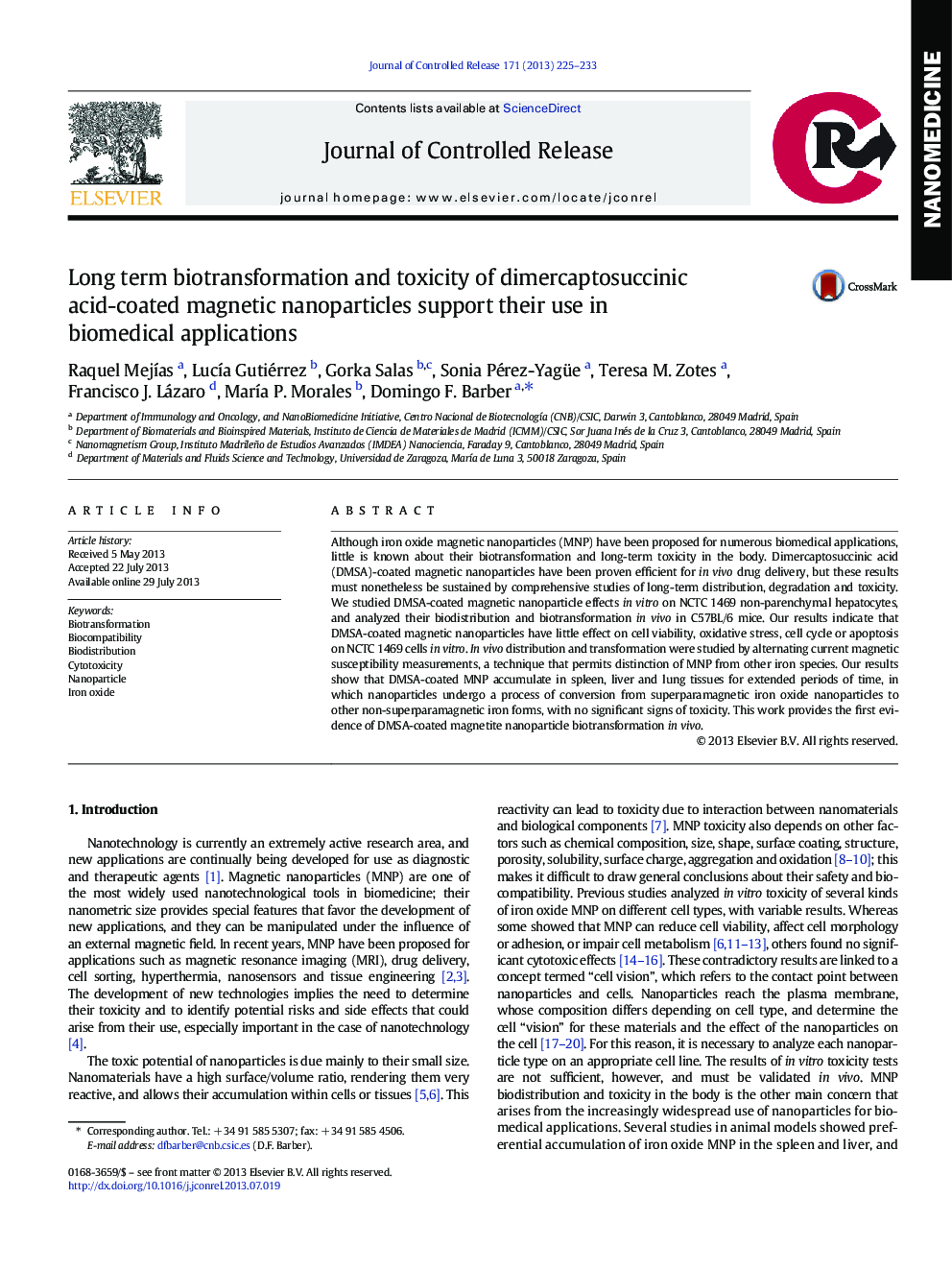 Long term biotransformation and toxicity of dimercaptosuccinic acid-coated magnetic nanoparticles support their use in biomedical applications