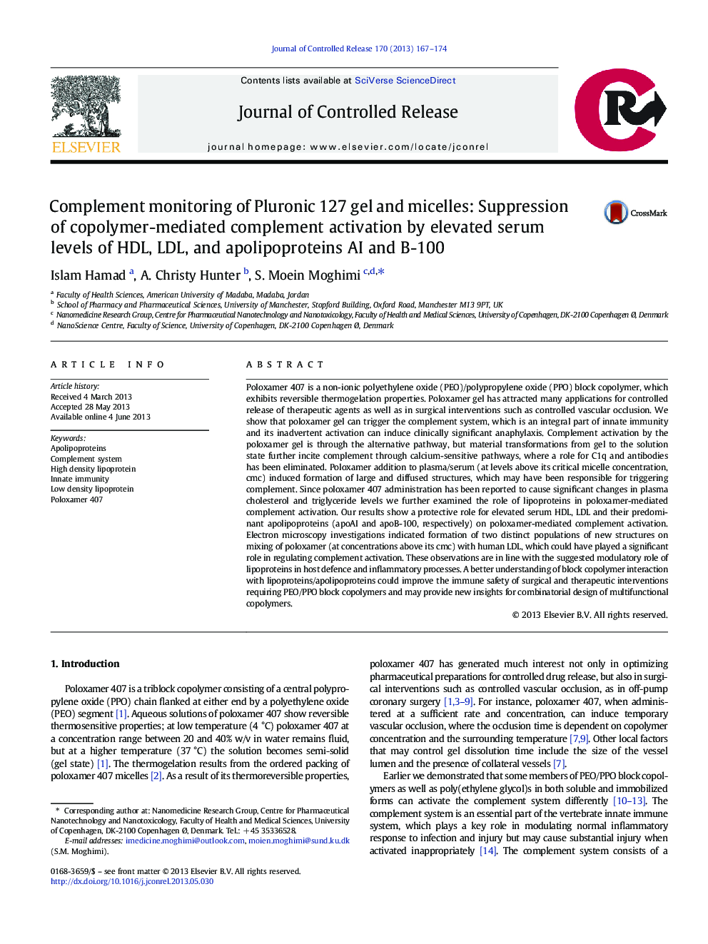 Complement monitoring of Pluronic 127 gel and micelles: Suppression of copolymer-mediated complement activation by elevated serum levels of HDL, LDL, and apolipoproteins AI and B-100