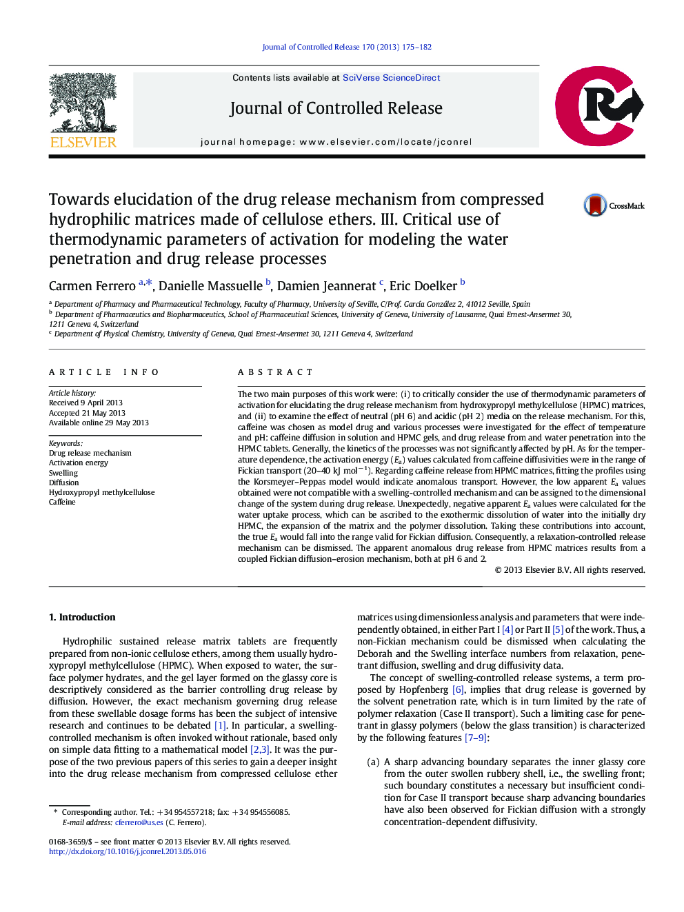 Towards elucidation of the drug release mechanism from compressed hydrophilic matrices made of cellulose ethers. III. Critical use of thermodynamic parameters of activation for modeling the water penetration and drug release processes