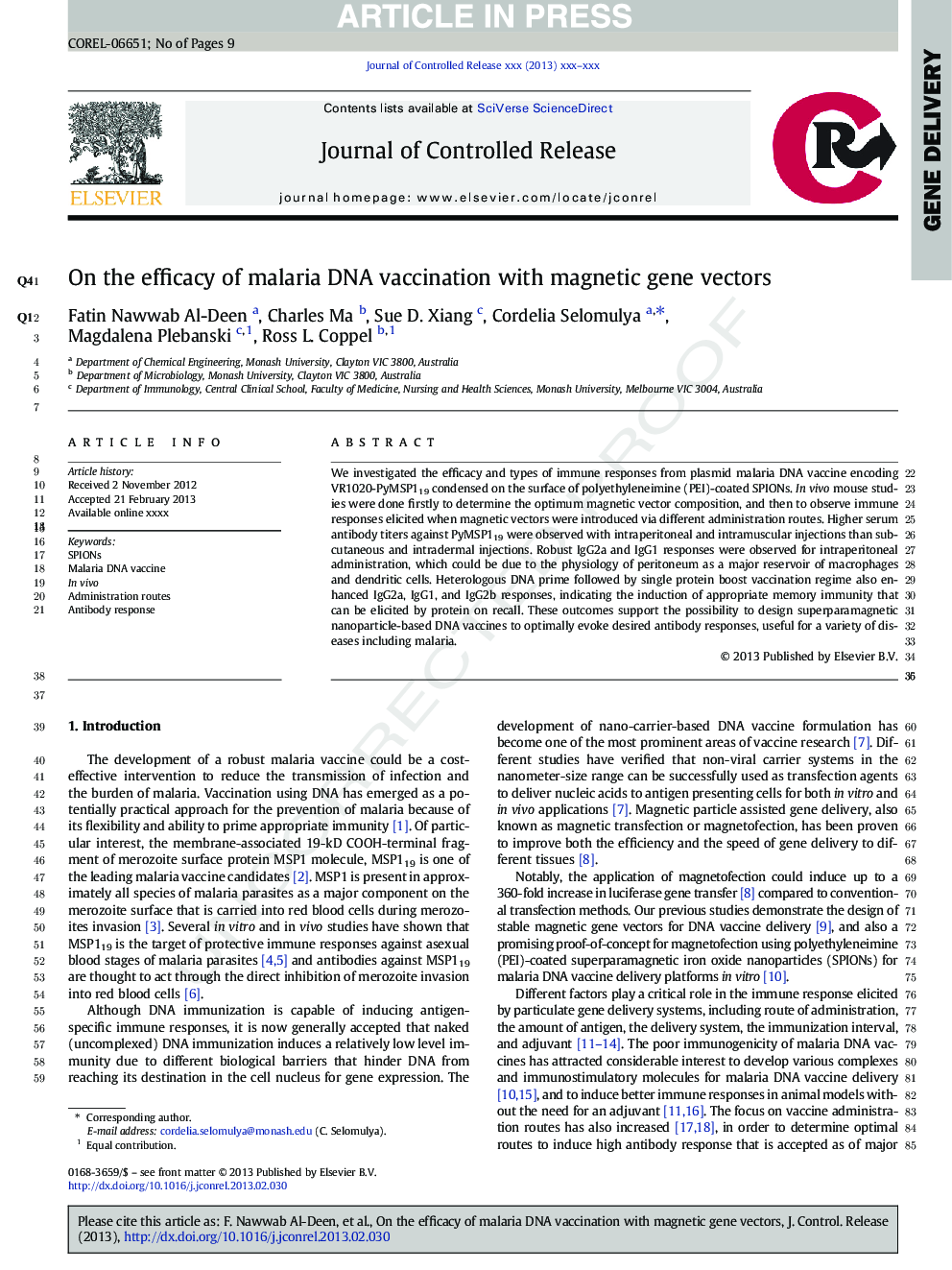 On the efficacy of malaria DNA vaccination with magnetic gene vectors