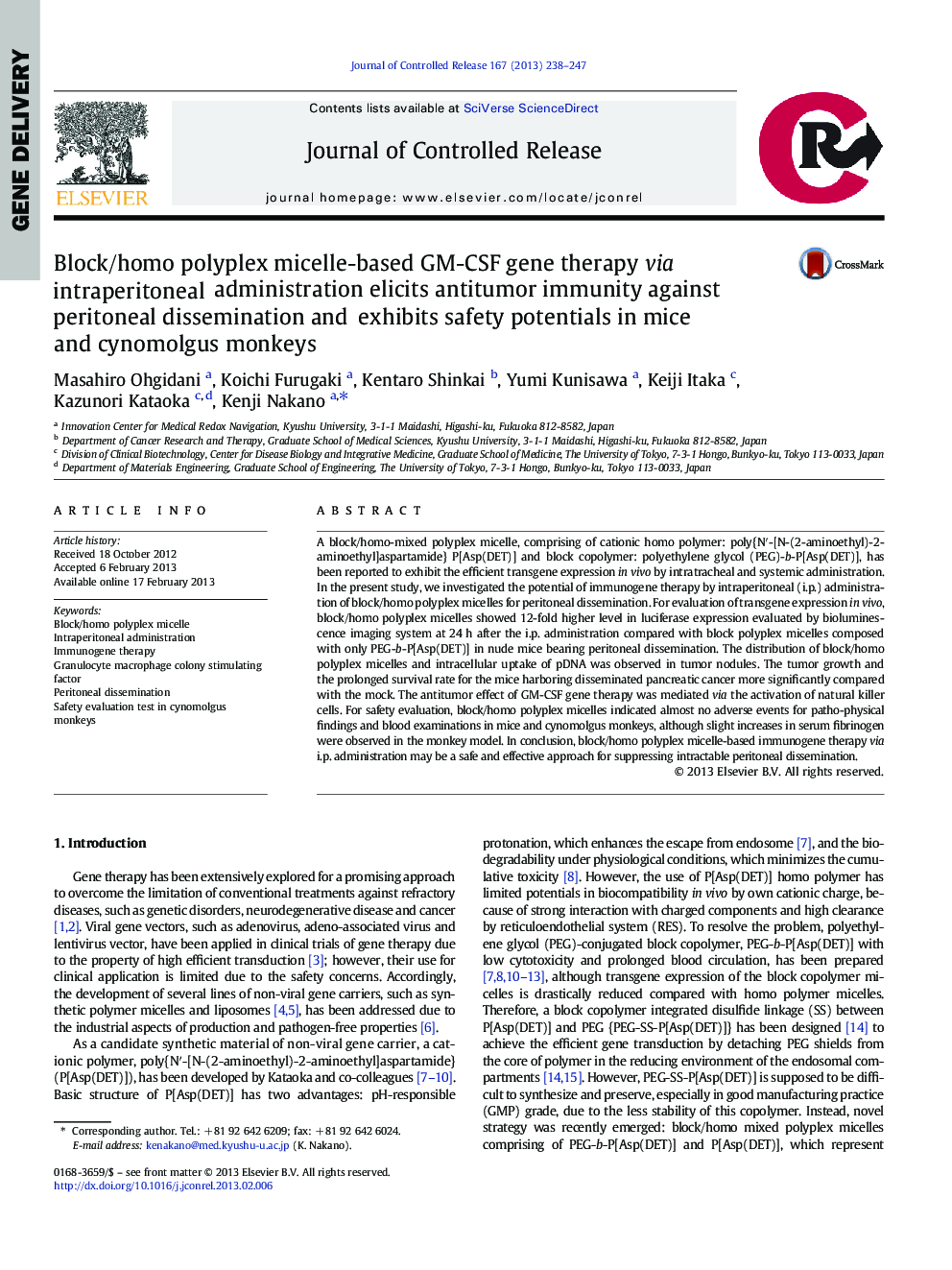 Block/homo polyplex micelle-based GM-CSF gene therapy via intraperitoneal administration elicits antitumor immunity against peritoneal dissemination and exhibits safety potentials in mice and cynomolgus monkeys