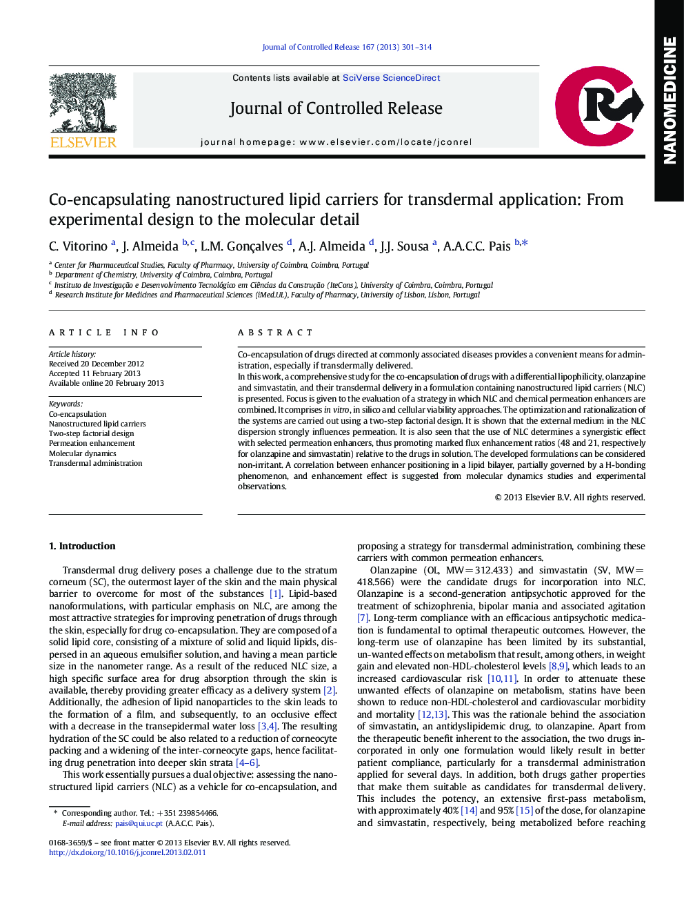 Co-encapsulating nanostructured lipid carriers for transdermal application: From experimental design to the molecular detail