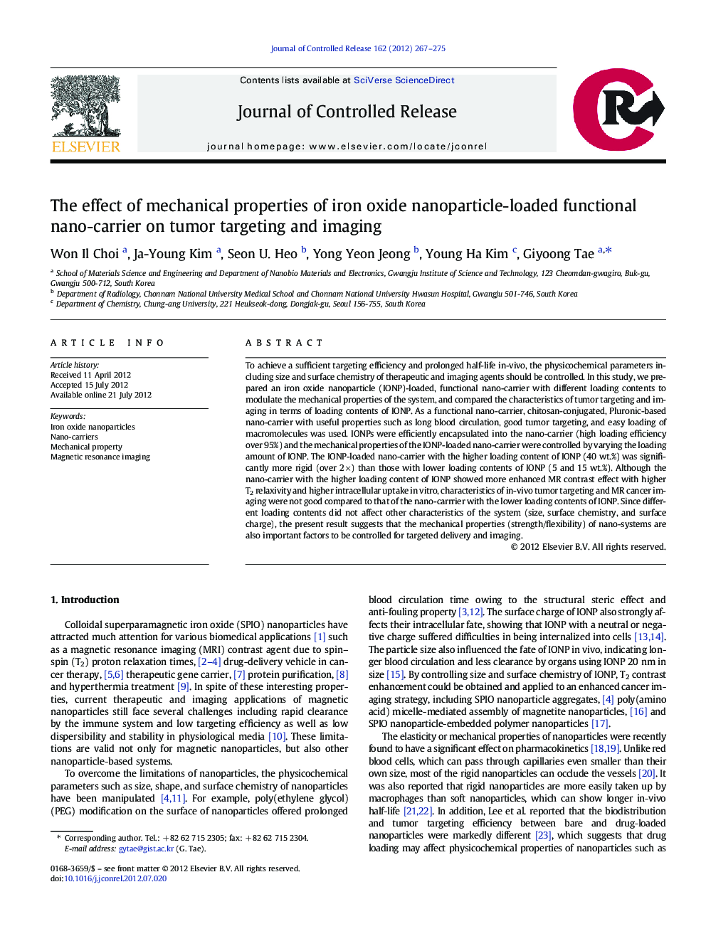 The effect of mechanical properties of iron oxide nanoparticle-loaded functional nano-carrier on tumor targeting and imaging