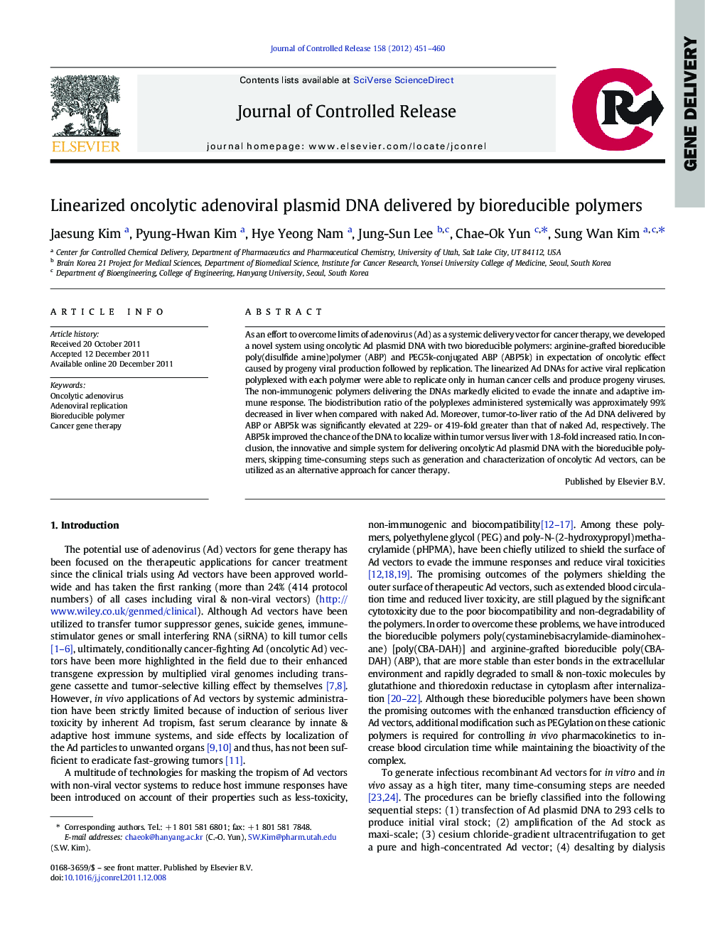 Linearized oncolytic adenoviral plasmid DNA delivered by bioreducible polymers