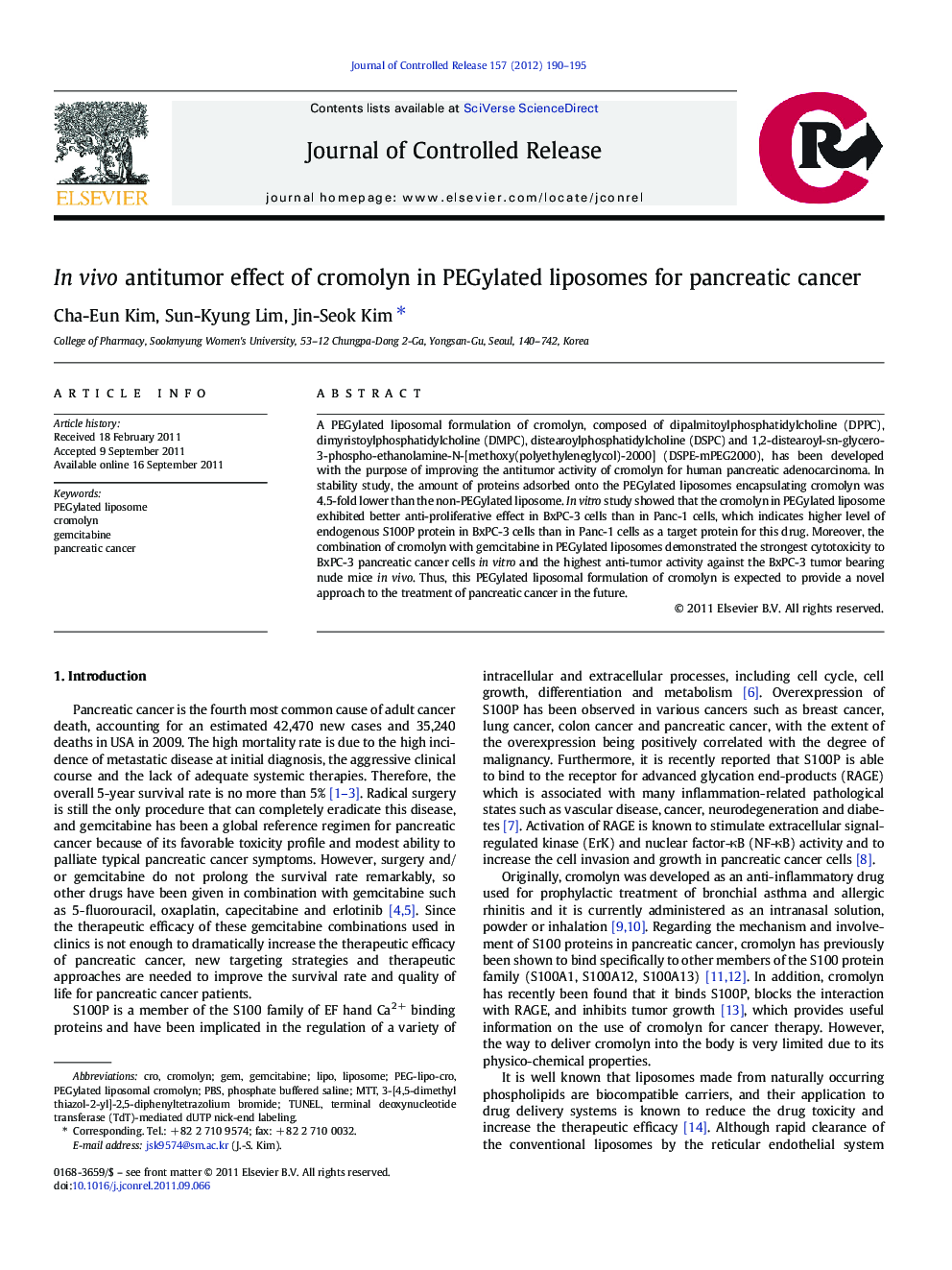 عکس صفحه اول مقاله: In vivo antitumor effect of cromolyn in PEGylated liposomes for pancreatic cancer In vivo antitumor effect of cromolyn in PEGylated liposomes for pancreatic cancer