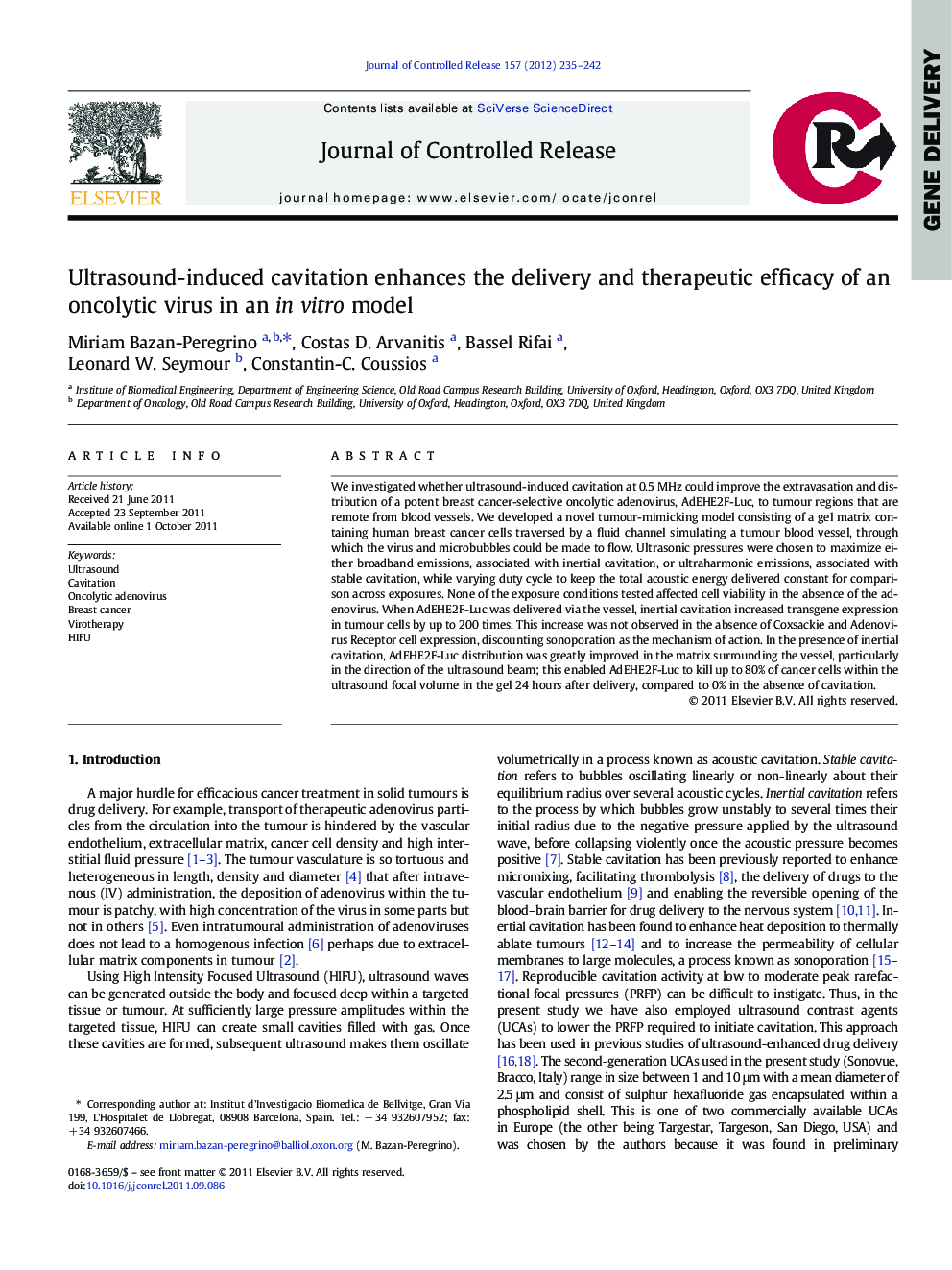 Ultrasound-induced cavitation enhances the delivery and therapeutic efficacy of an oncolytic virus in an in vitro model