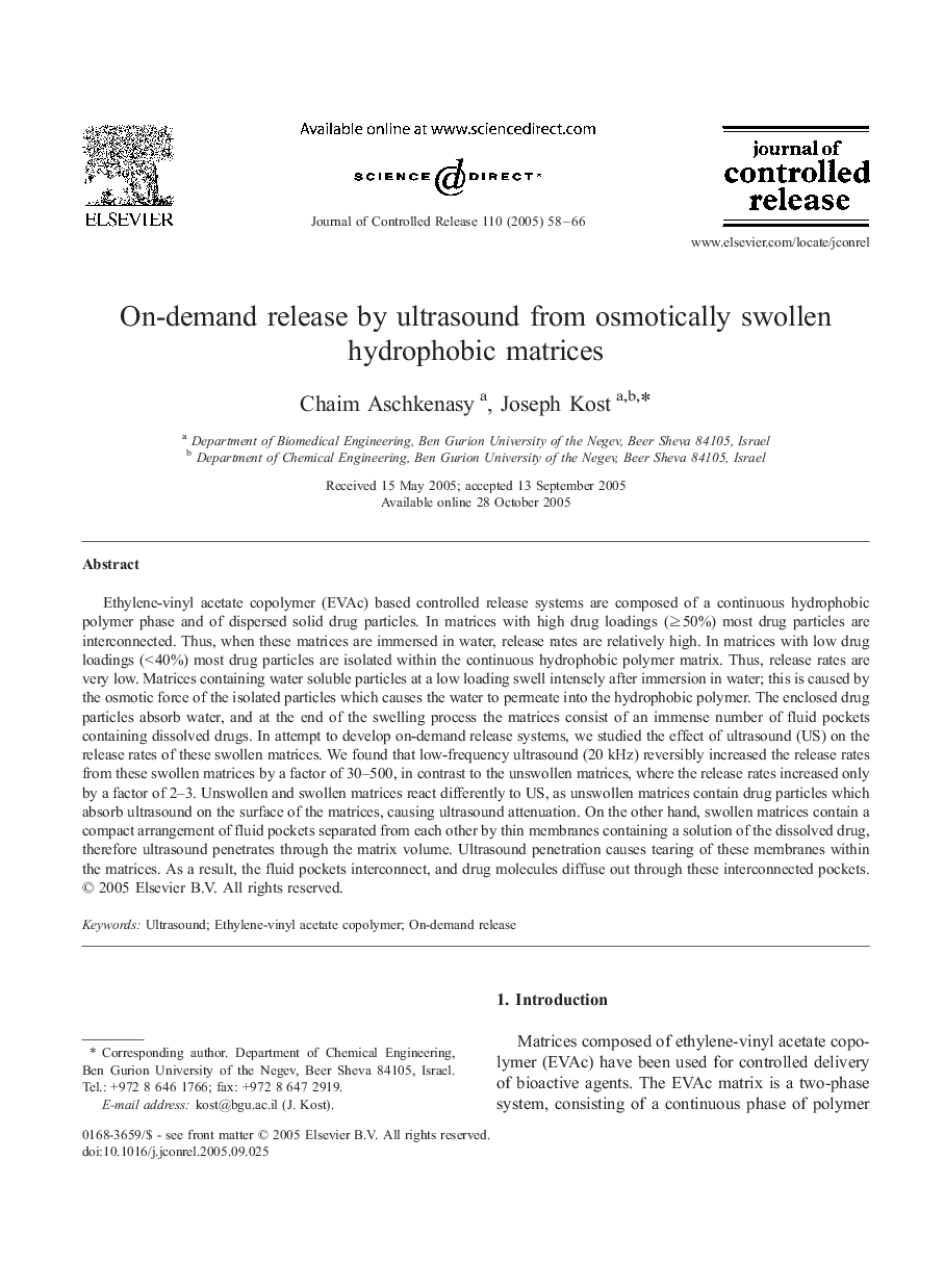 On-demand release by ultrasound from osmotically swollen hydrophobic matrices