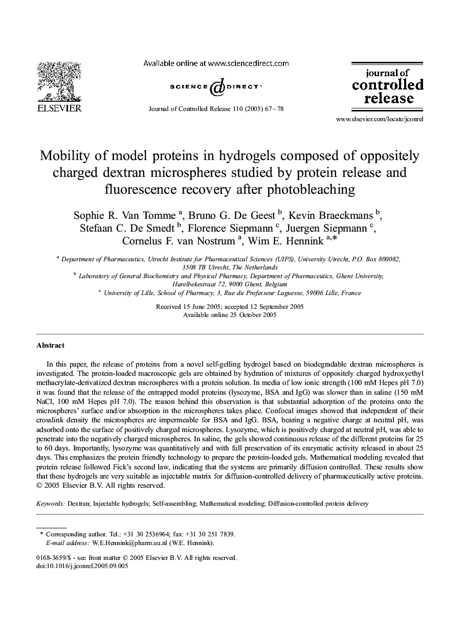 عکس صفحه اول مقاله: Mobility of model proteins in hydrogels composed of oppositely charged dextran microspheres studied by protein release and fluorescence recovery after photobleaching Mobility of model proteins in hydrogels composed of oppositely charged dextran microspheres studied by protein release and fluorescence recovery after photobleaching