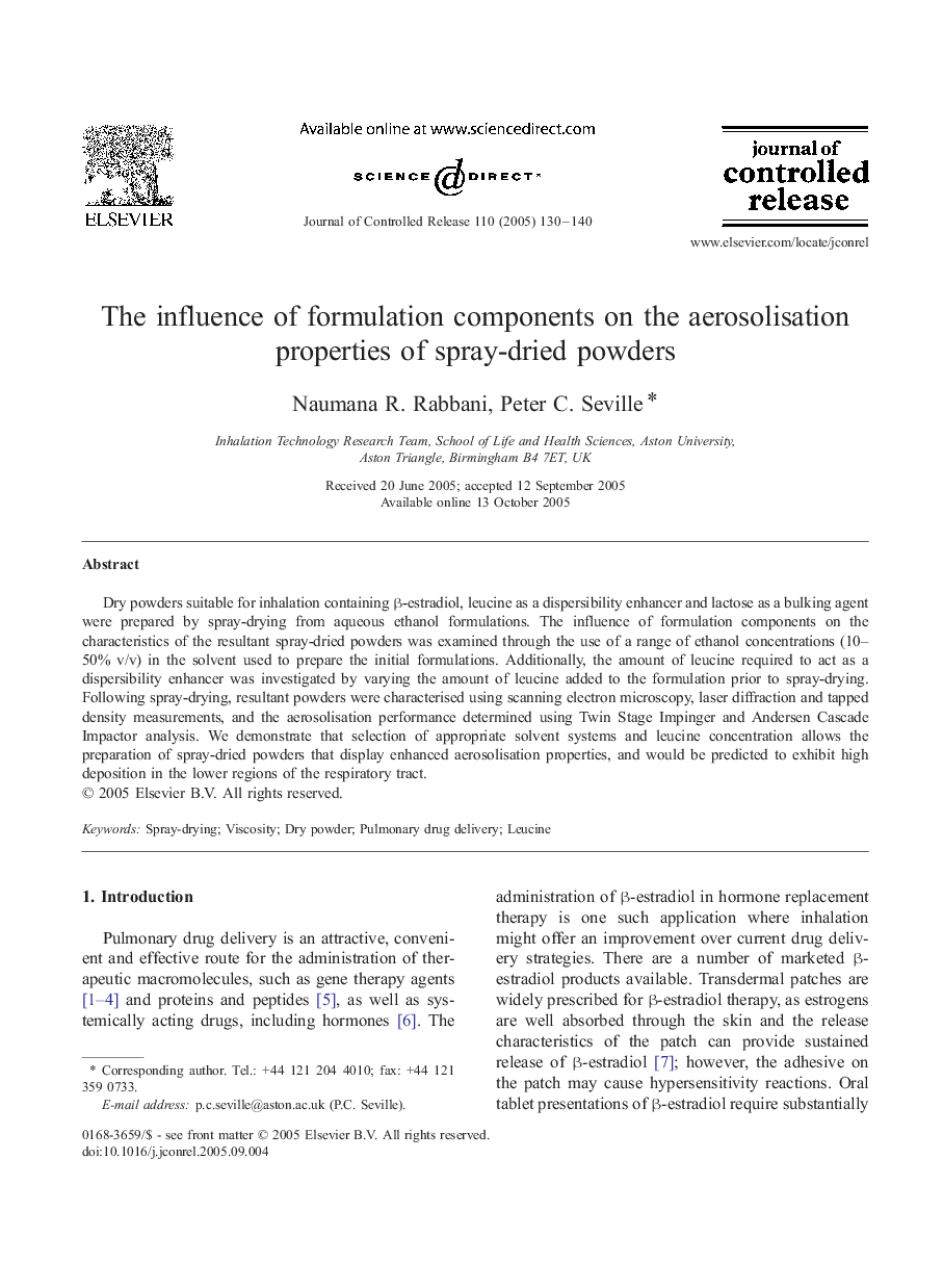 The influence of formulation components on the aerosolisation properties of spray-dried powders