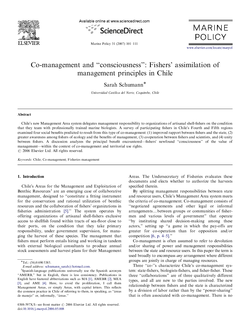 عکس صفحه اول مقاله: Co-management and “consciousness”: Fishers’ assimilation of management principles in Chile Co-management and “consciousness”: Fishers’ assimilation of management principles in Chile