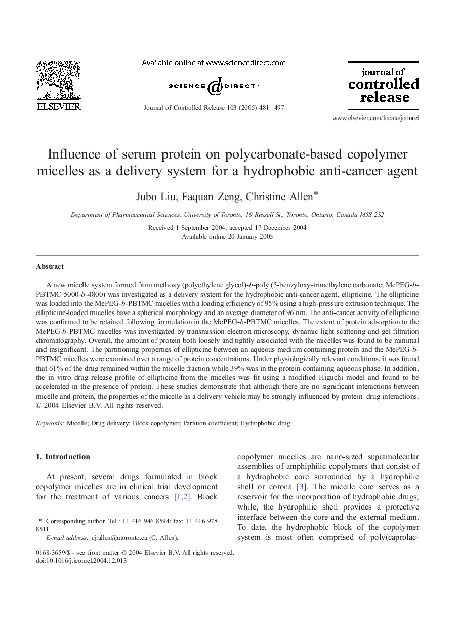 Influence of serum protein on polycarbonate-based copolymer micelles as a delivery system for a hydrophobic anti-cancer agent