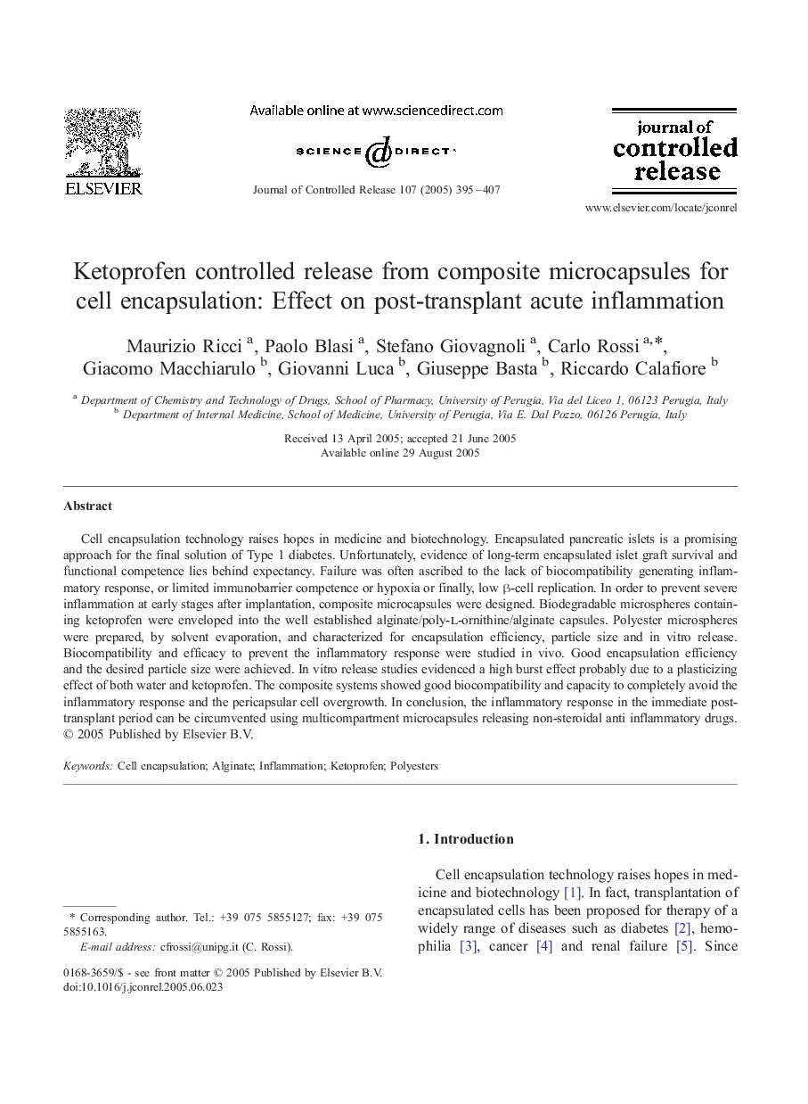 Ketoprofen controlled release from composite microcapsules for cell encapsulation: Effect on post-transplant acute inflammation