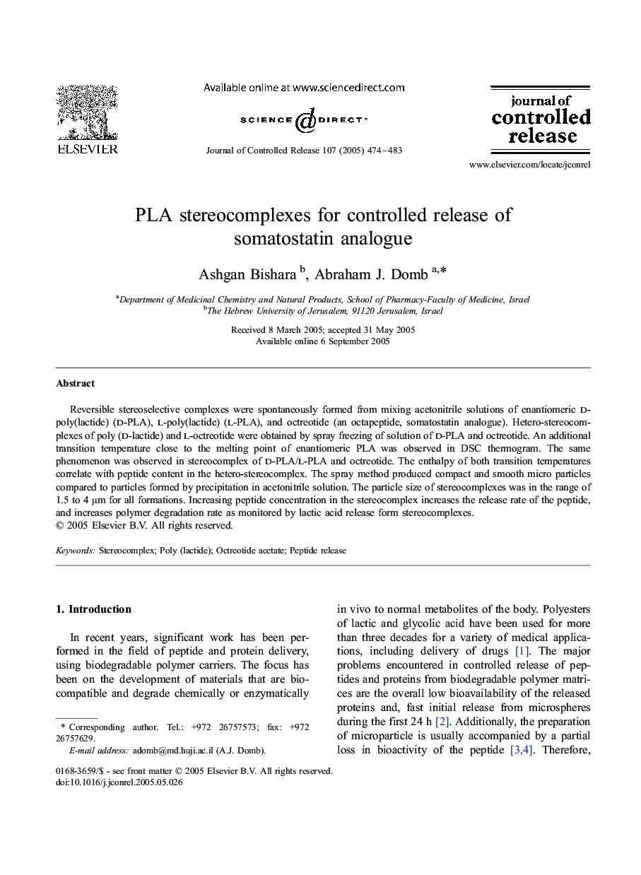 PLA stereocomplexes for controlled release of somatostatin analogue