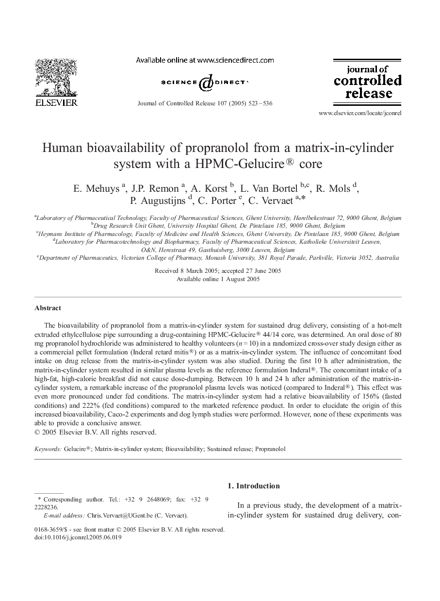 Human bioavailability of propranolol from a matrix-in-cylinder system with a HPMC-Gelucire® core