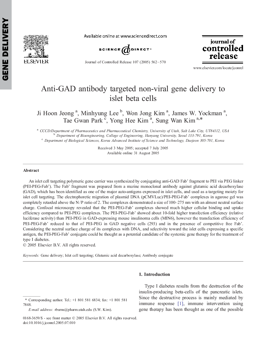 Anti-GAD antibody targeted non-viral gene delivery to islet beta cells