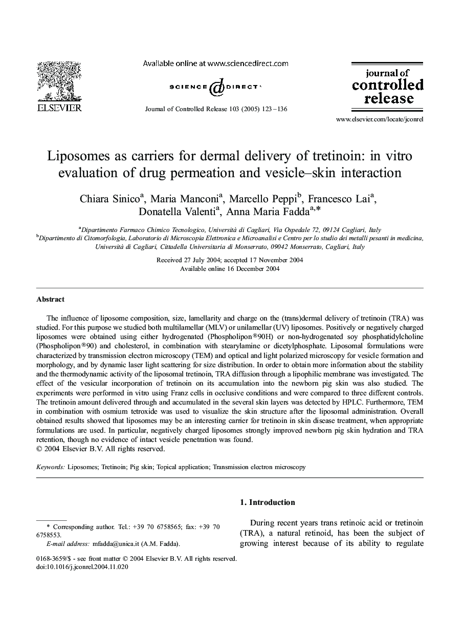 Liposomes as carriers for dermal delivery of tretinoin: in vitro evaluation of drug permeation and vesicle-skin interaction