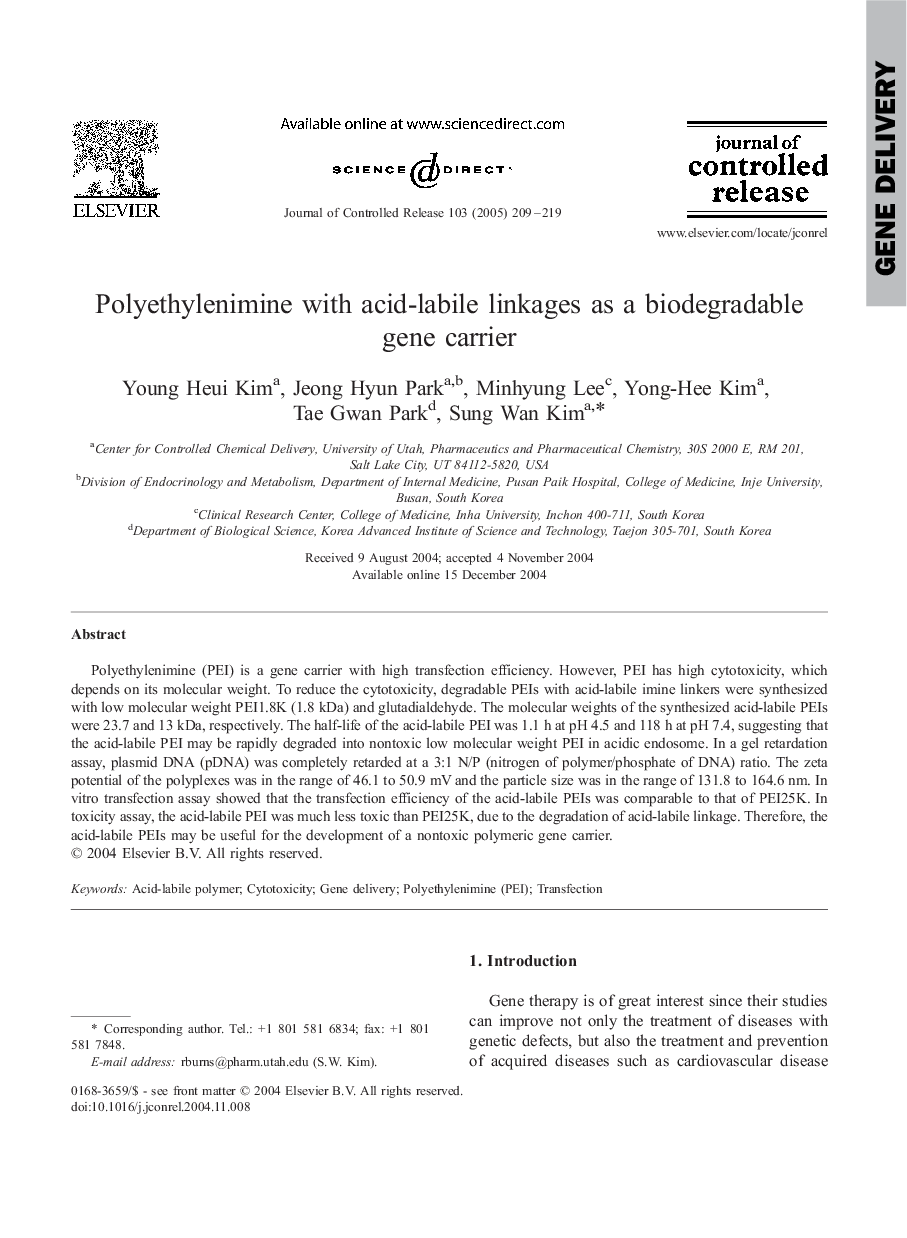 Polyethylenimine with acid-labile linkages as a biodegradable gene carrier