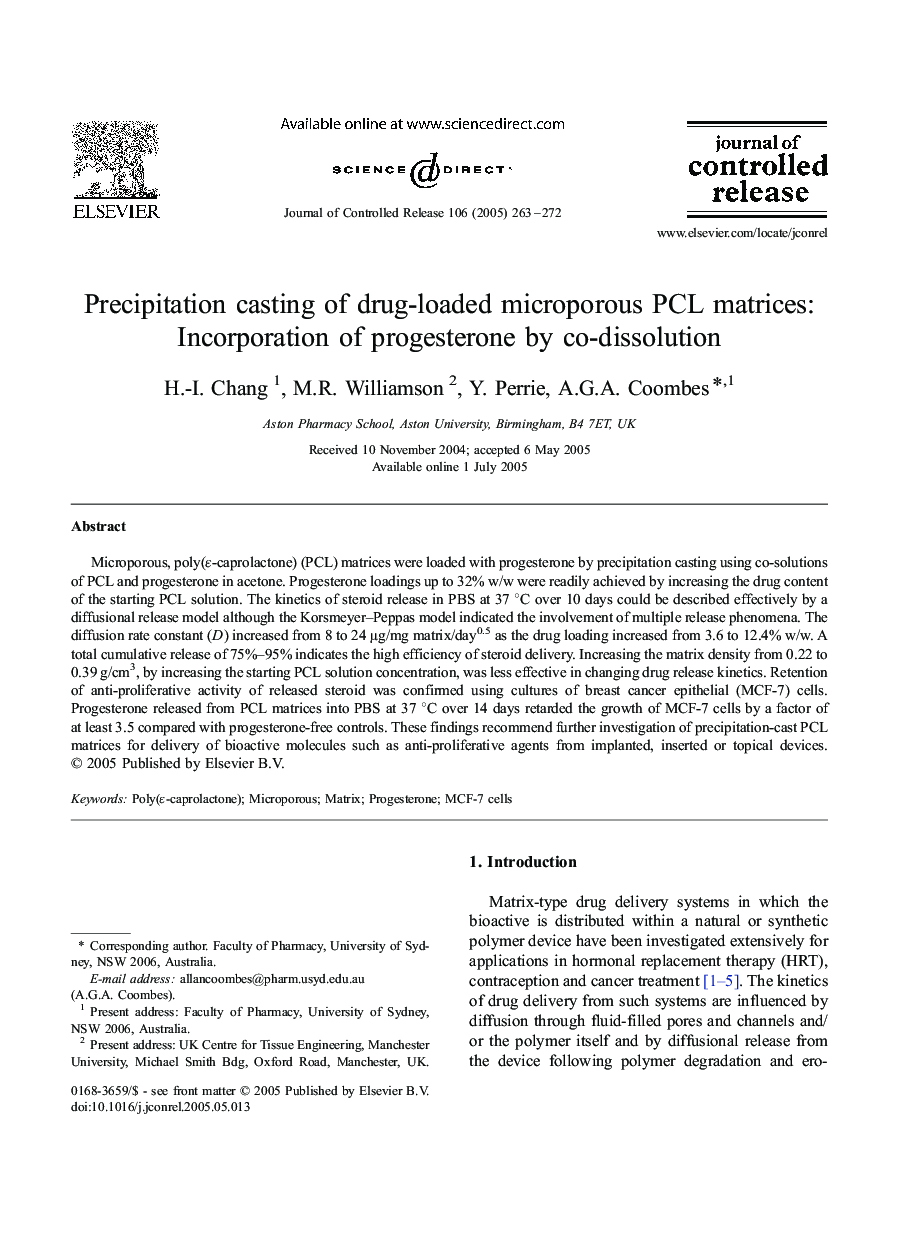 Precipitation casting of drug-loaded microporous PCL matrices: Incorporation of progesterone by co-dissolution