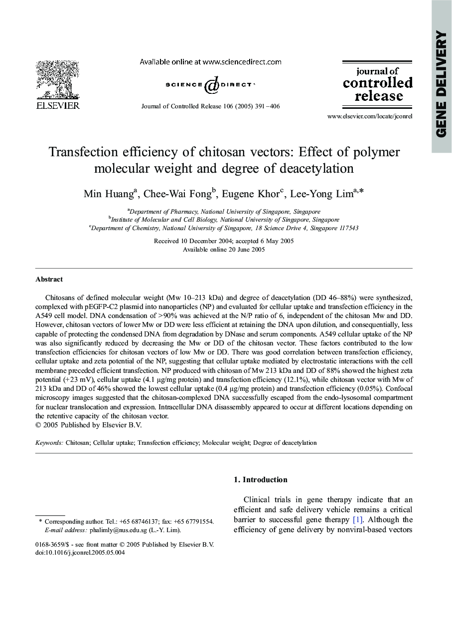 Transfection efficiency of chitosan vectors: Effect of polymer molecular weight and degree of deacetylation