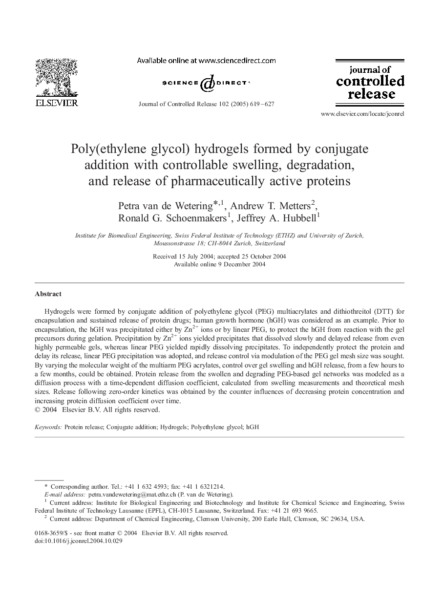 Poly(ethylene glycol) hydrogels formed by conjugate addition with controllable swelling, degradation, and release of pharmaceutically active proteins