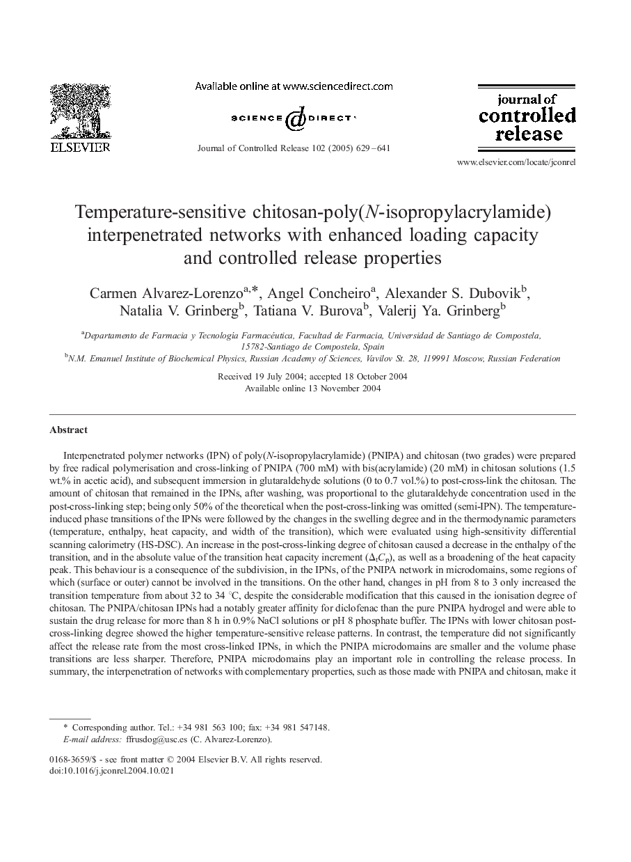Temperature-sensitive chitosan-poly(N-isopropylacrylamide) interpenetrated networks with enhanced loading capacity and controlled release properties