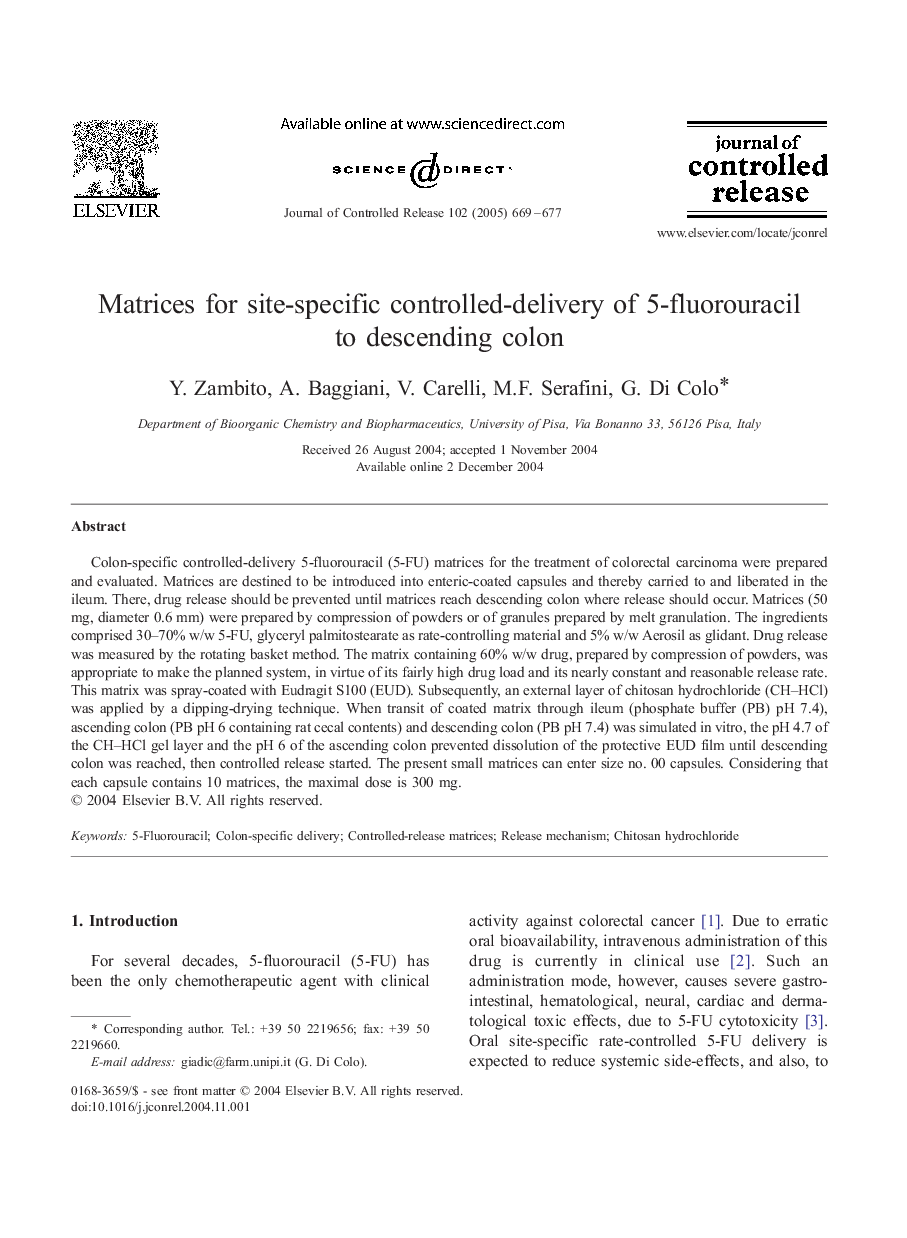 Matrices for site-specific controlled-delivery of 5-fluorouracil to descending colon