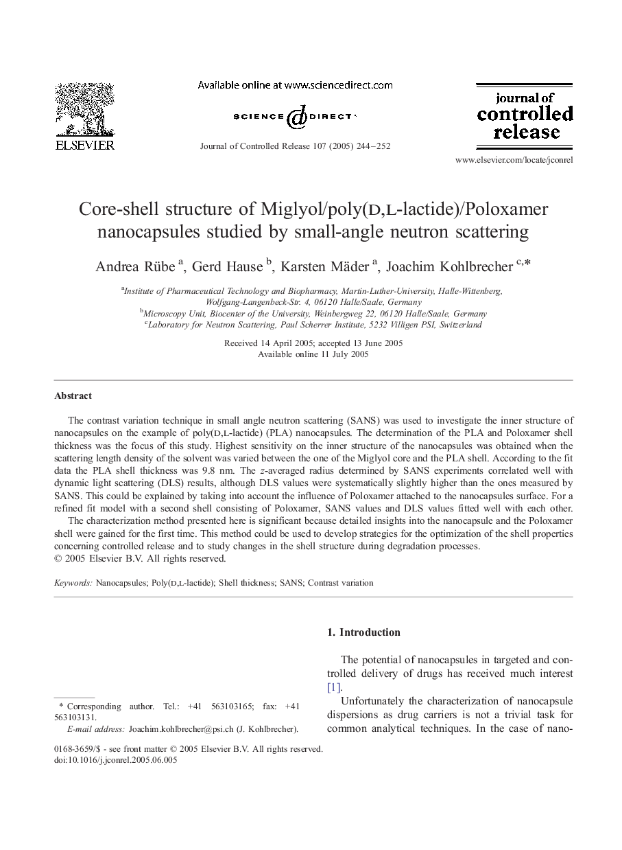 Core-shell structure of Miglyol/poly(d,l-lactide)/Poloxamer nanocapsules studied by small-angle neutron scattering