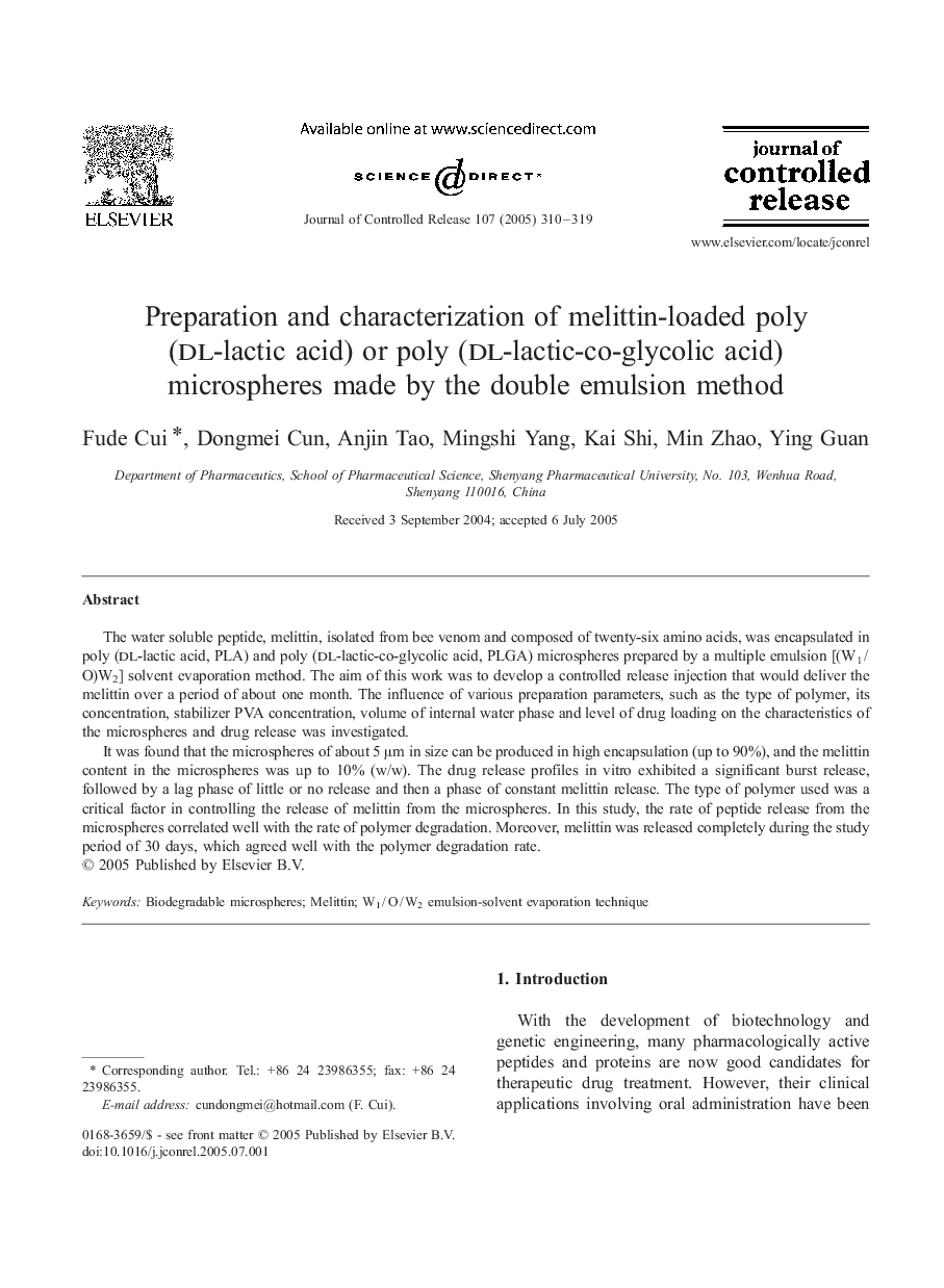 Preparation and characterization of melittin-loaded poly (dl-lactic acid) or poly (dl-lactic-co-glycolic acid) microspheres made by the double emulsion method