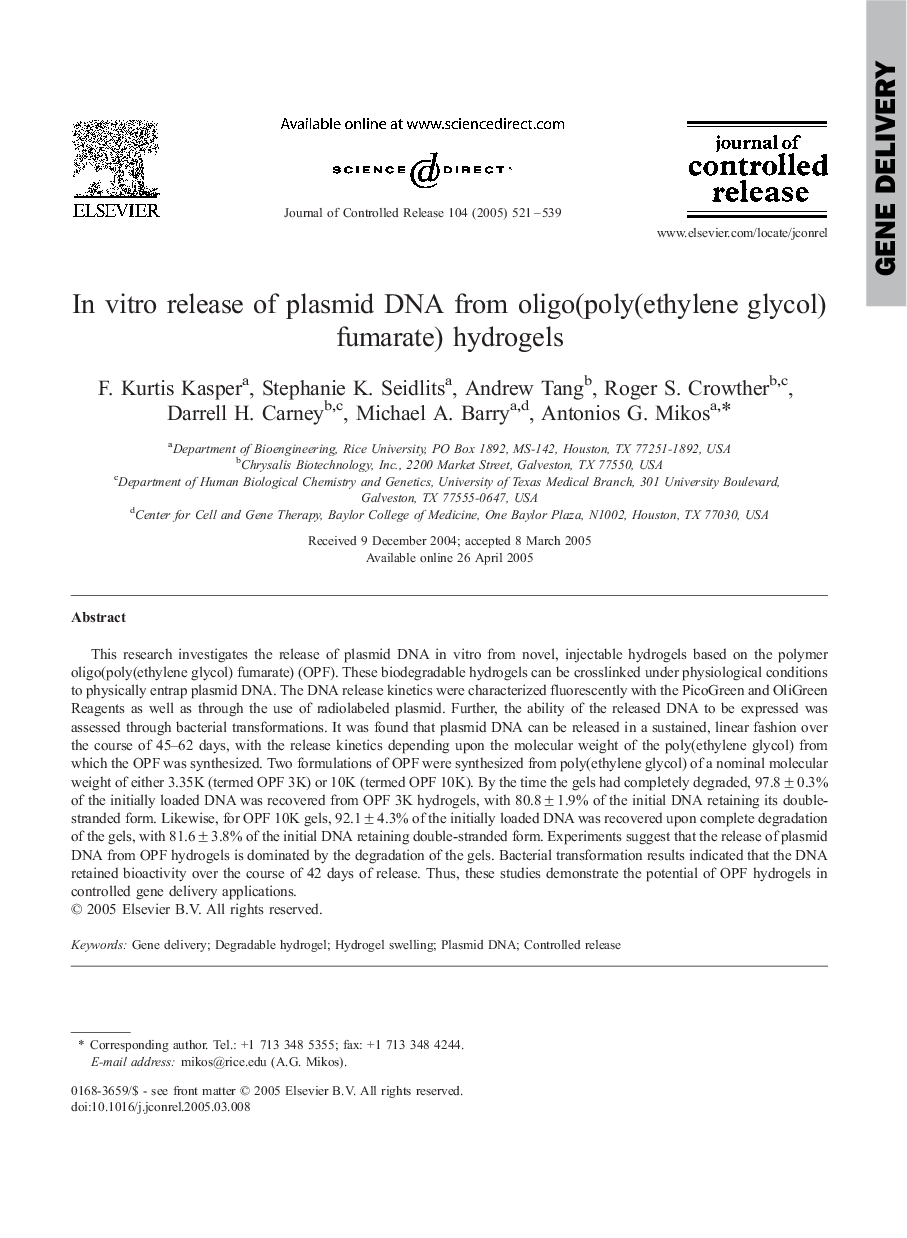 In vitro release of plasmid DNA from oligo(poly(ethylene glycol) fumarate) hydrogels