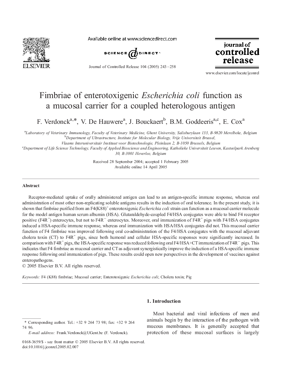 Fimbriae of enterotoxigenic Escherichia coli function as a mucosal carrier for a coupled heterologous antigen