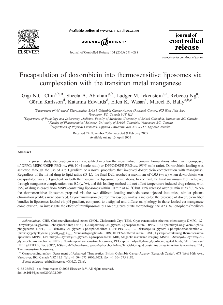 Encapsulation of doxorubicin into thermosensitive liposomes via complexation with the transition metal manganese