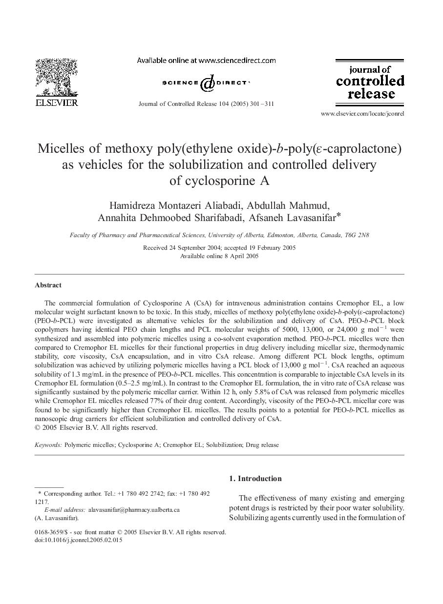 عکس صفحه اول مقاله: Micelles of methoxy poly(ethylene oxide)-b-poly(É-caprolactone) as vehicles for the solubilization and controlled delivery of cyclosporine A Micelles of methoxy poly(ethylene oxide)-b-poly(É-caprolactone) as vehicles for the solubilization and controlled delivery of cyclosporine A