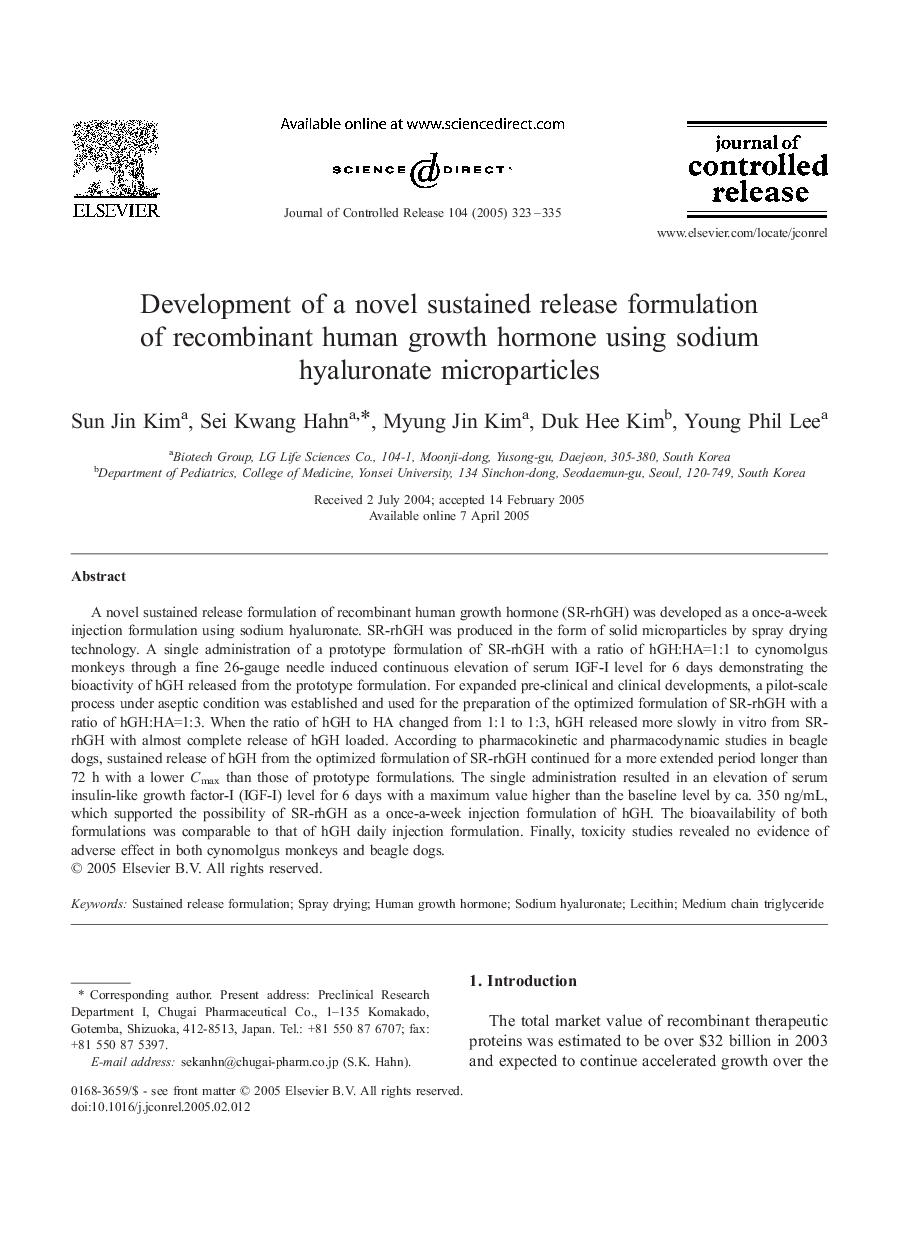 Development of a novel sustained release formulation of recombinant human growth hormone using sodium hyaluronate microparticles