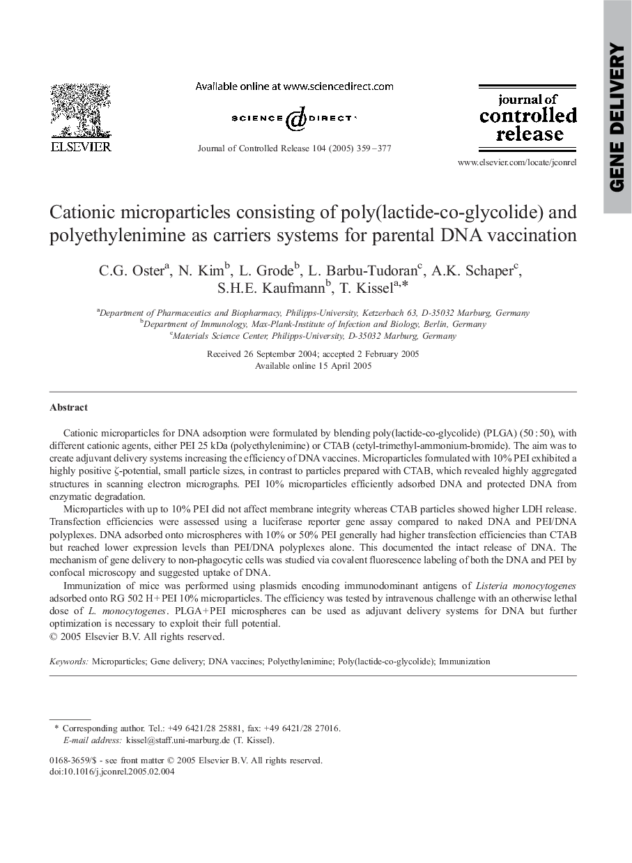 Cationic microparticles consisting of poly(lactide-co-glycolide) and polyethylenimine as carriers systems for parental DNA vaccination