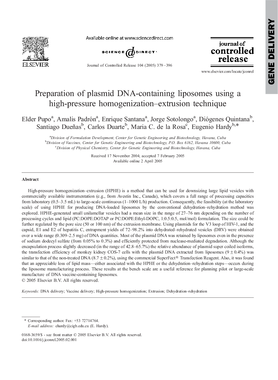 Preparation of plasmid DNA-containing liposomes using a high-pressure homogenization-extrusion technique