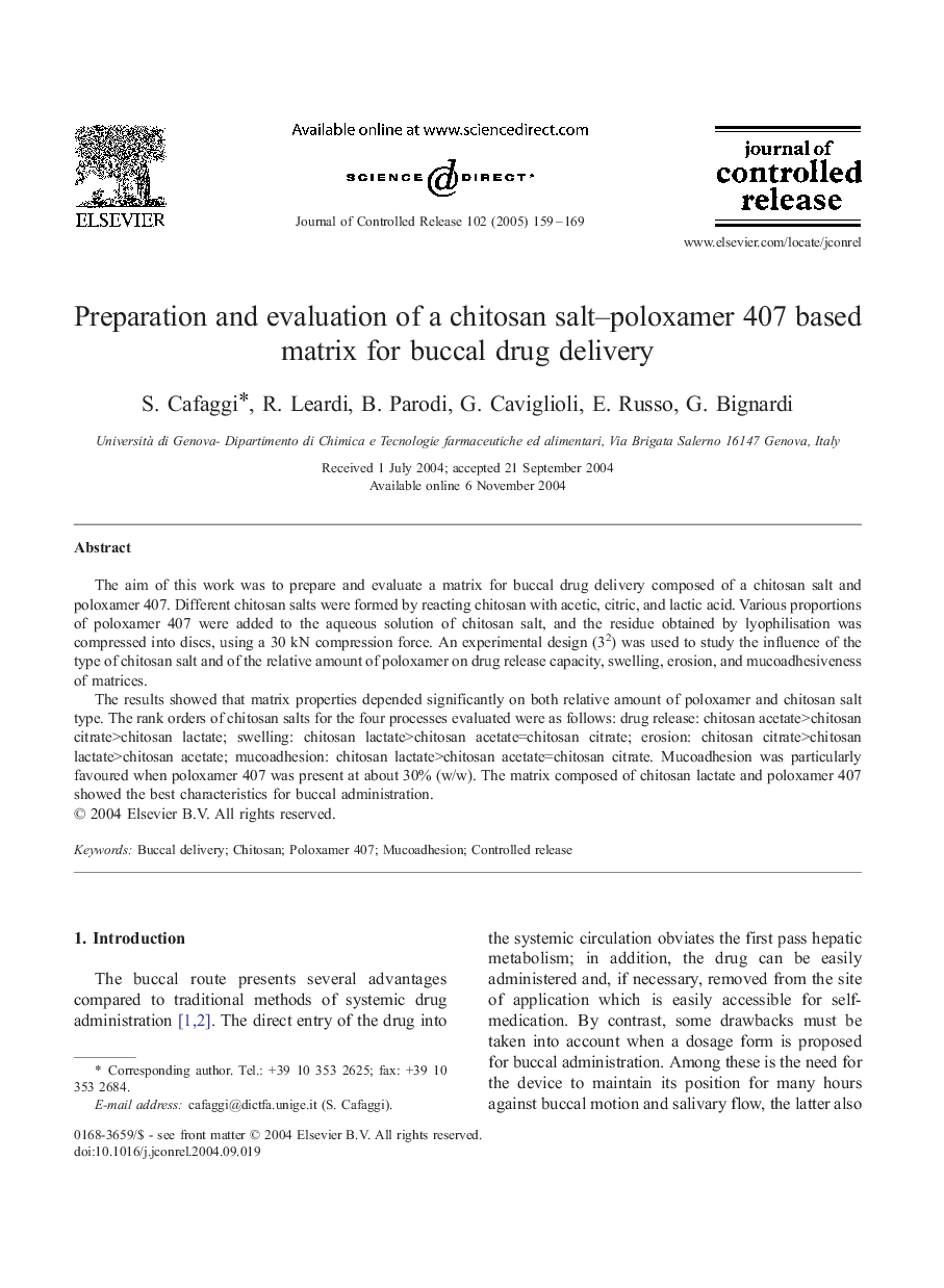 Preparation and evaluation of a chitosan salt-poloxamer 407 based matrix for buccal drug delivery