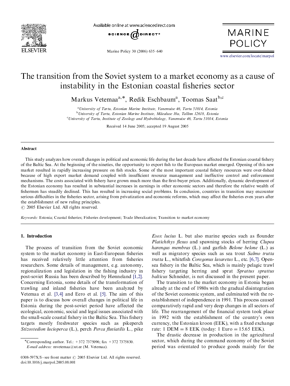 عکس صفحه اول مقاله: The transition from the Soviet system to a market economy as a cause of instability in the Estonian coastal fisheries sector The transition from the Soviet system to a market economy as a cause of instability in the Estonian coastal fisheries sector