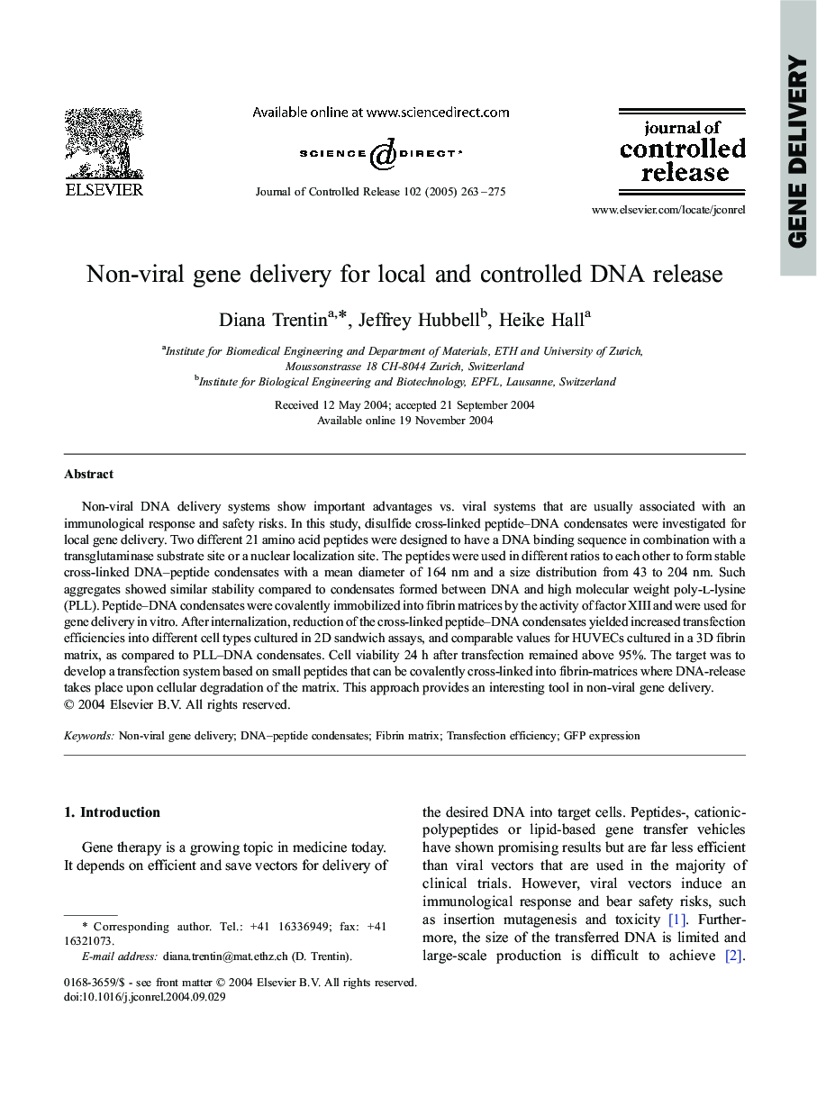 Non-viral gene delivery for local and controlled DNA release