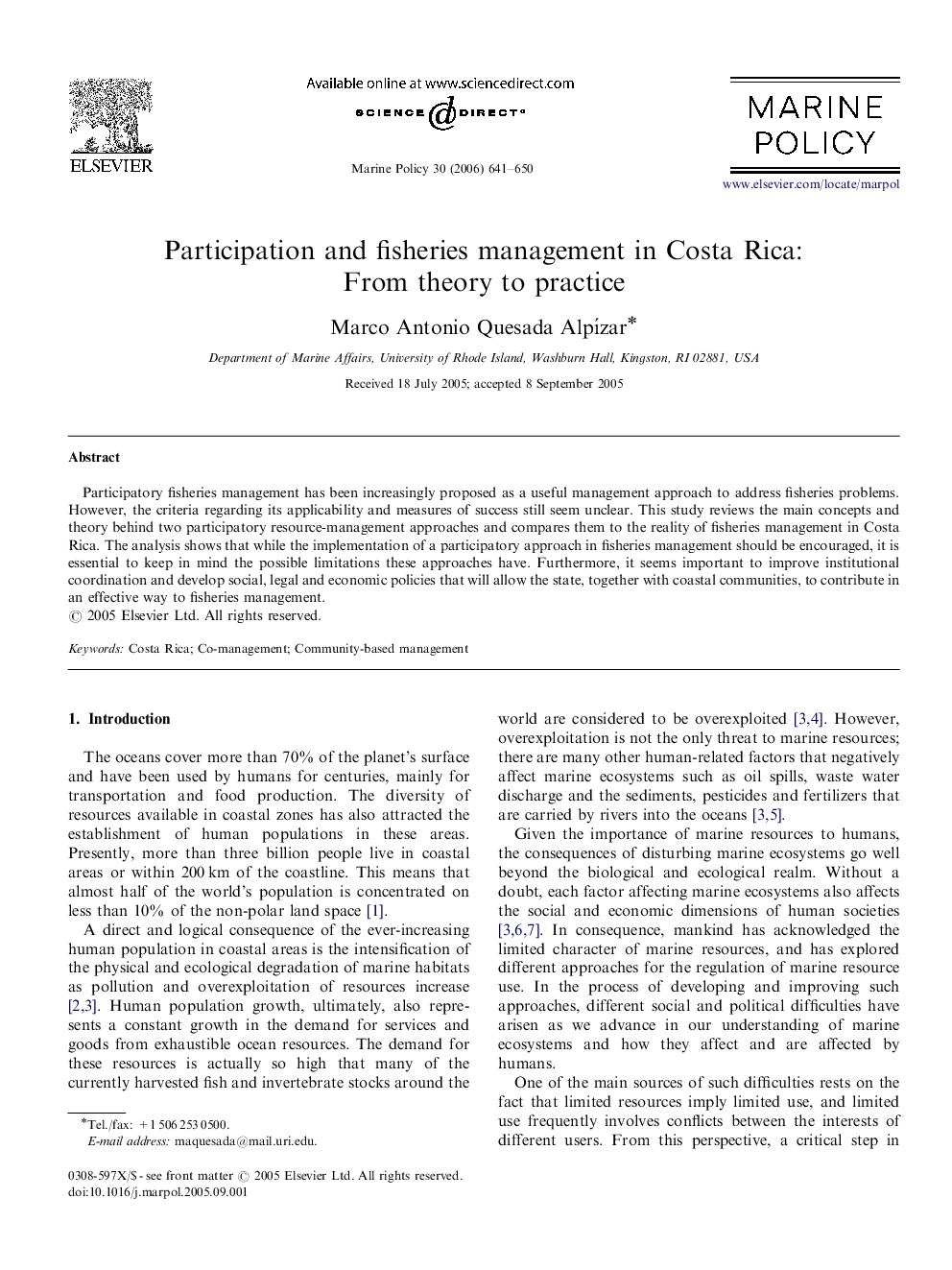 Participation and fisheries management in Costa Rica: From theory to practice