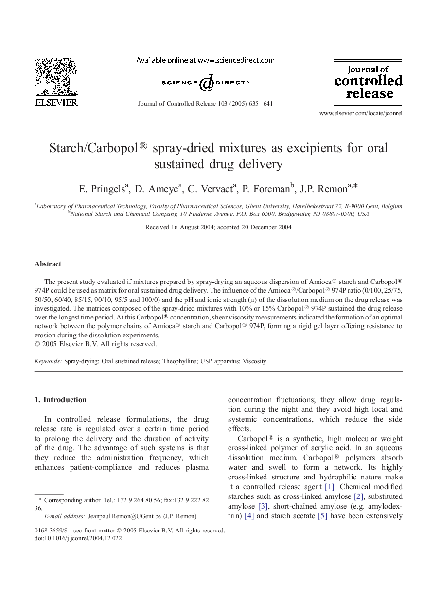 Starch/Carbopol® spray-dried mixtures as excipients for oral sustained drug delivery