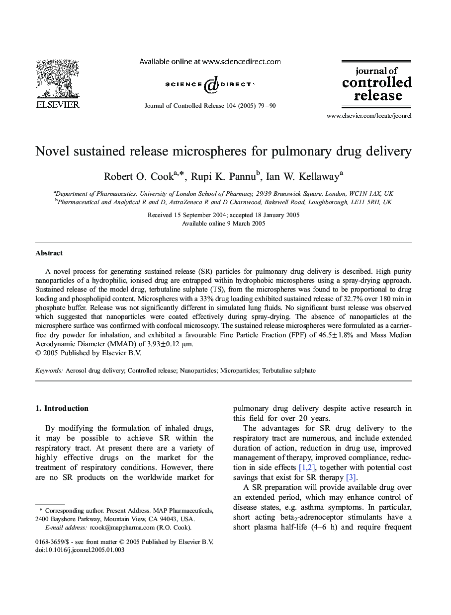 Novel sustained release microspheres for pulmonary drug delivery