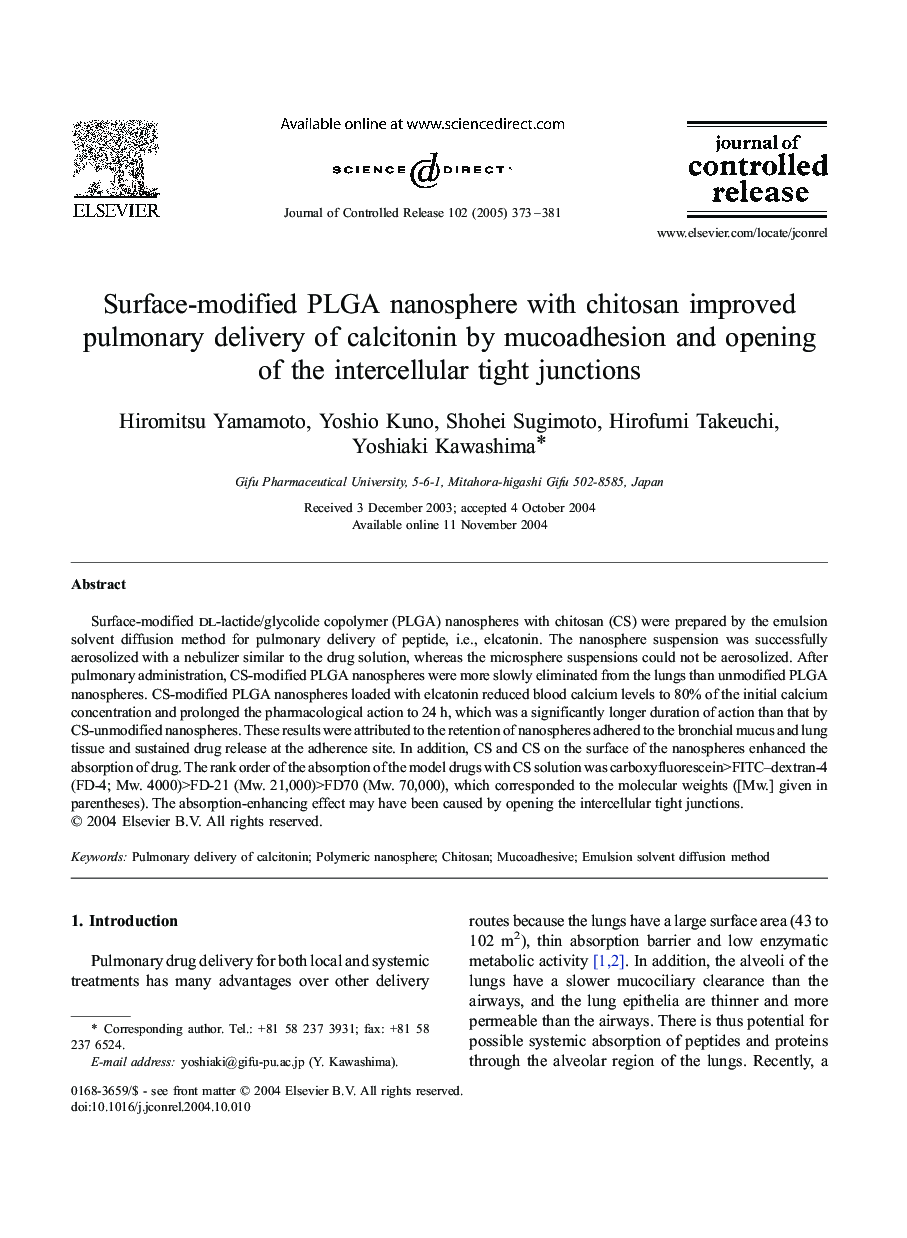 Surface-modified PLGA nanosphere with chitosan improved pulmonary delivery of calcitonin by mucoadhesion and opening of the intercellular tight junctions