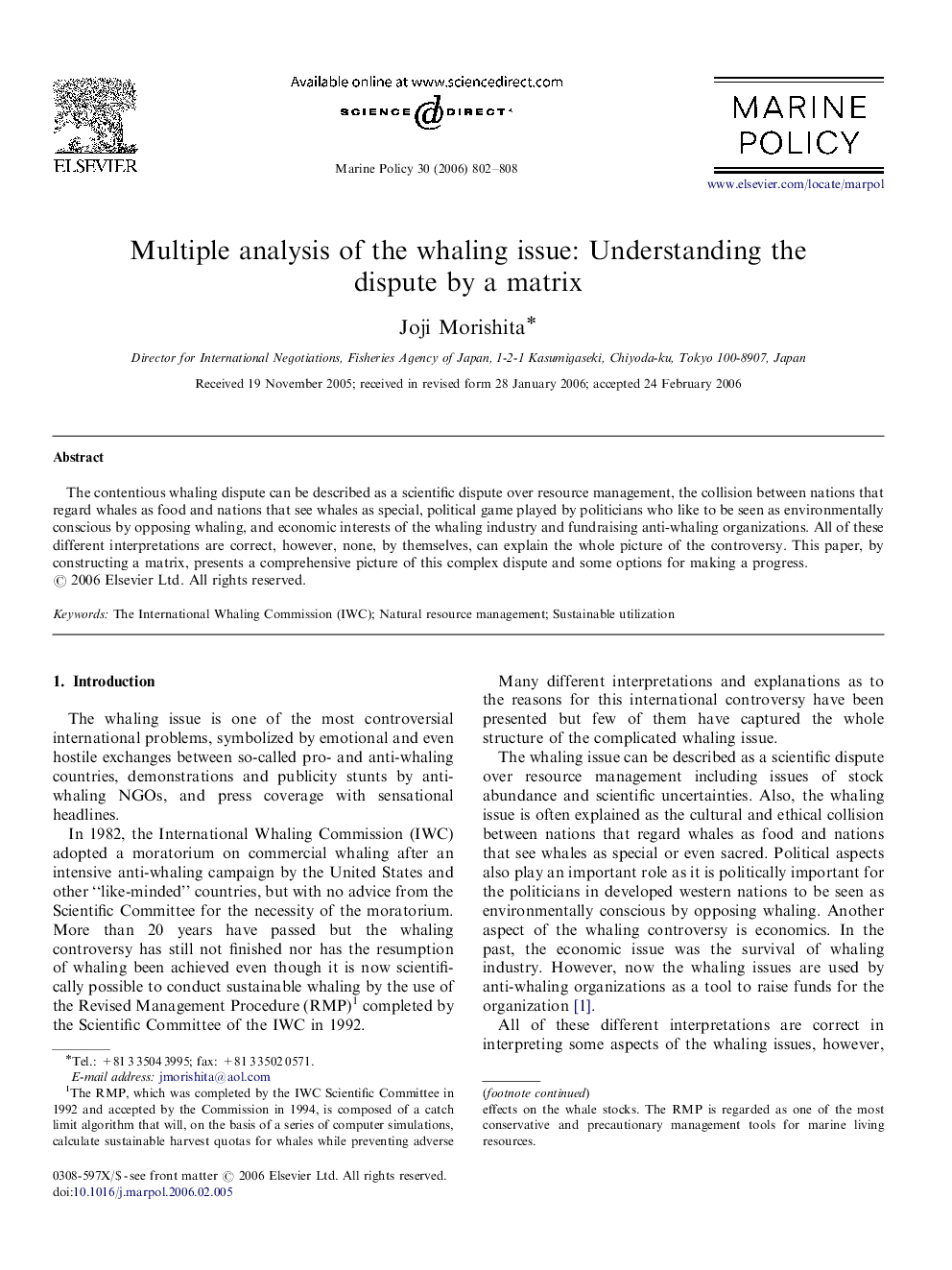 Multiple analysis of the whaling issue: Understanding the dispute by a matrix