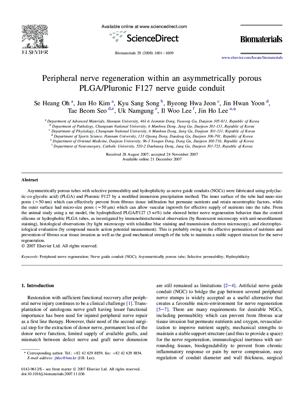 Peripheral nerve regeneration within an asymmetrically porous PLGA/Pluronic F127 nerve guide conduit