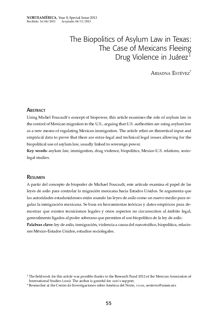 The Biopolitics of Asylum Law in Texas: The Case of Mexicans Fleeing Drug Violence in Juárez1