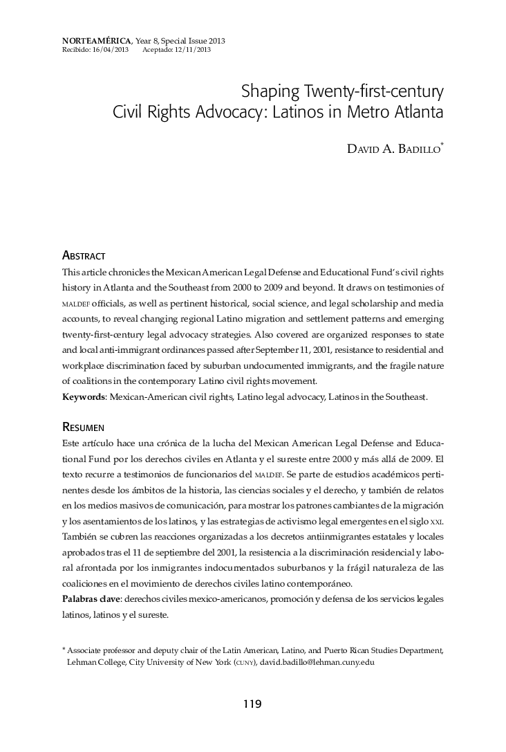 Shaping Twenty-first-century Civil Rights Advocacy: Latinos in Metro Atlanta