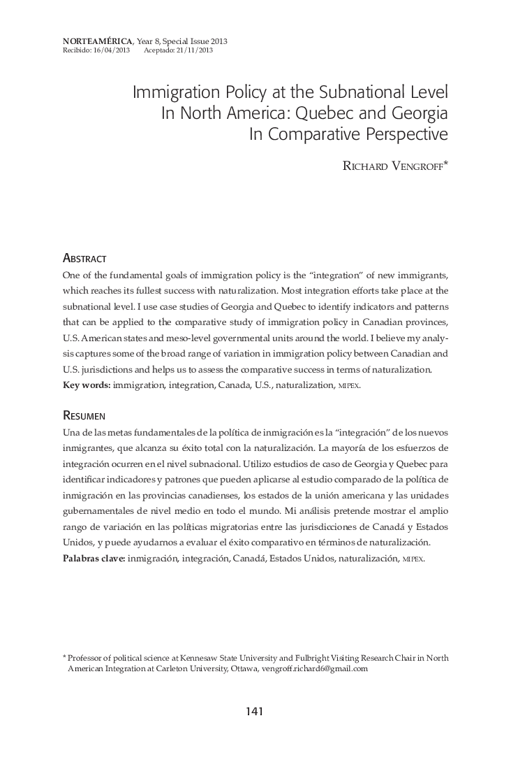 Immigration Policy at the Subnational Level In North America: Quebec and Georgia In Comparative Perspective