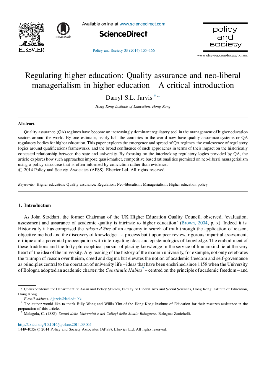 Regulating higher education: Quality assurance and neo-liberal managerialism in higher education—A critical introduction