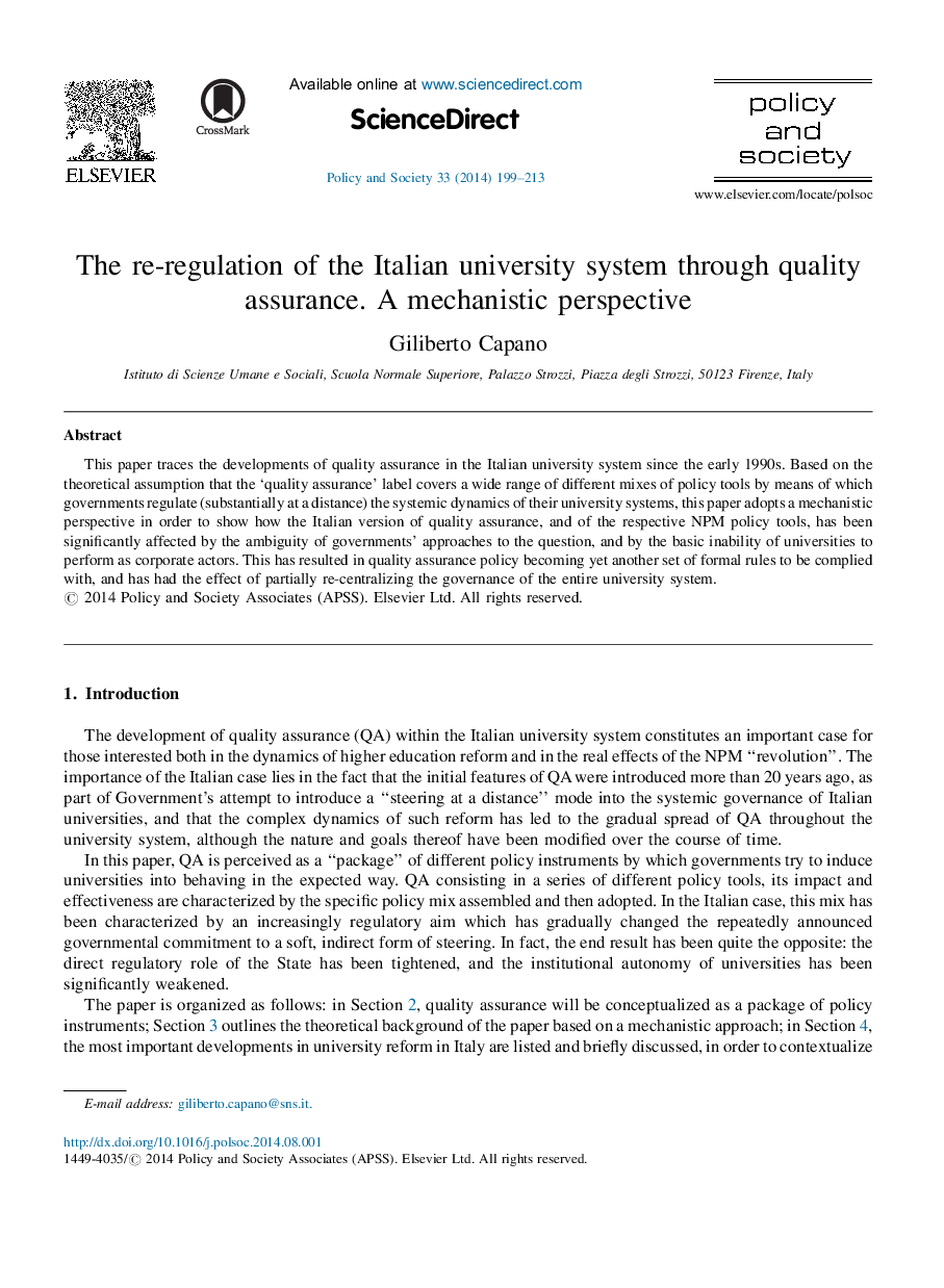 The re-regulation of the Italian university system through quality assurance. A mechanistic perspective