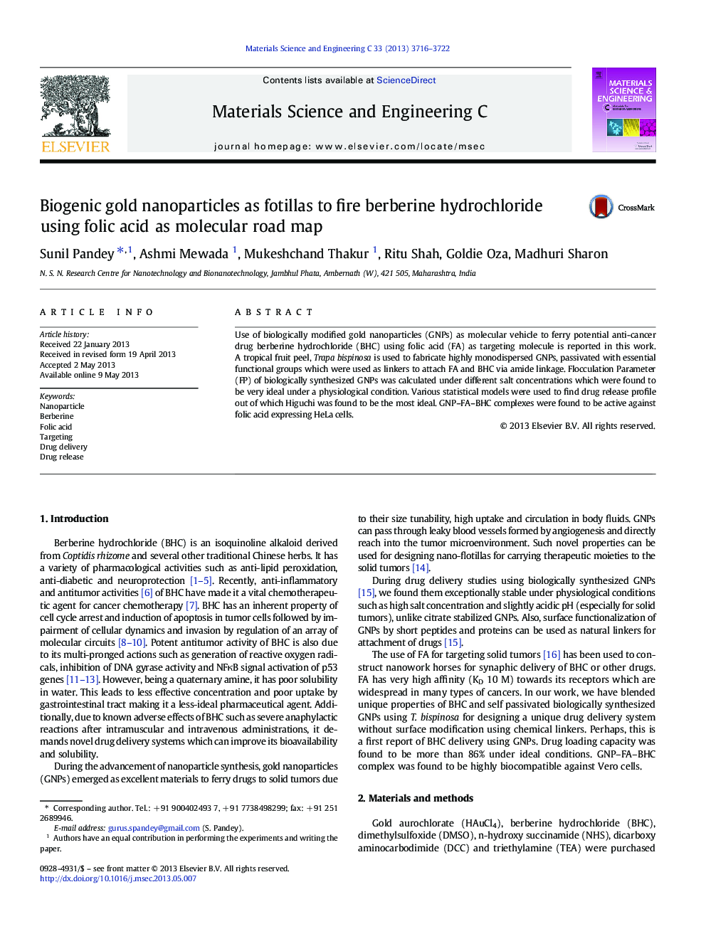 Biogenic gold nanoparticles as fotillas to fire berberine hydrochloride using folic acid as molecular road map